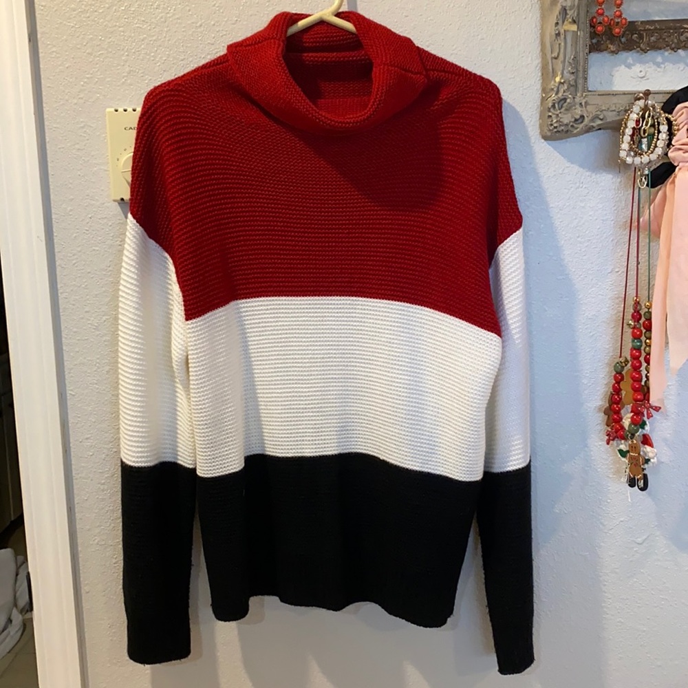 Red black and white cowl neck sweater